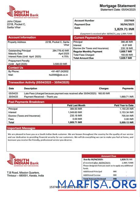 Printable India South Indian Bank mortgage statement Word and PDF template